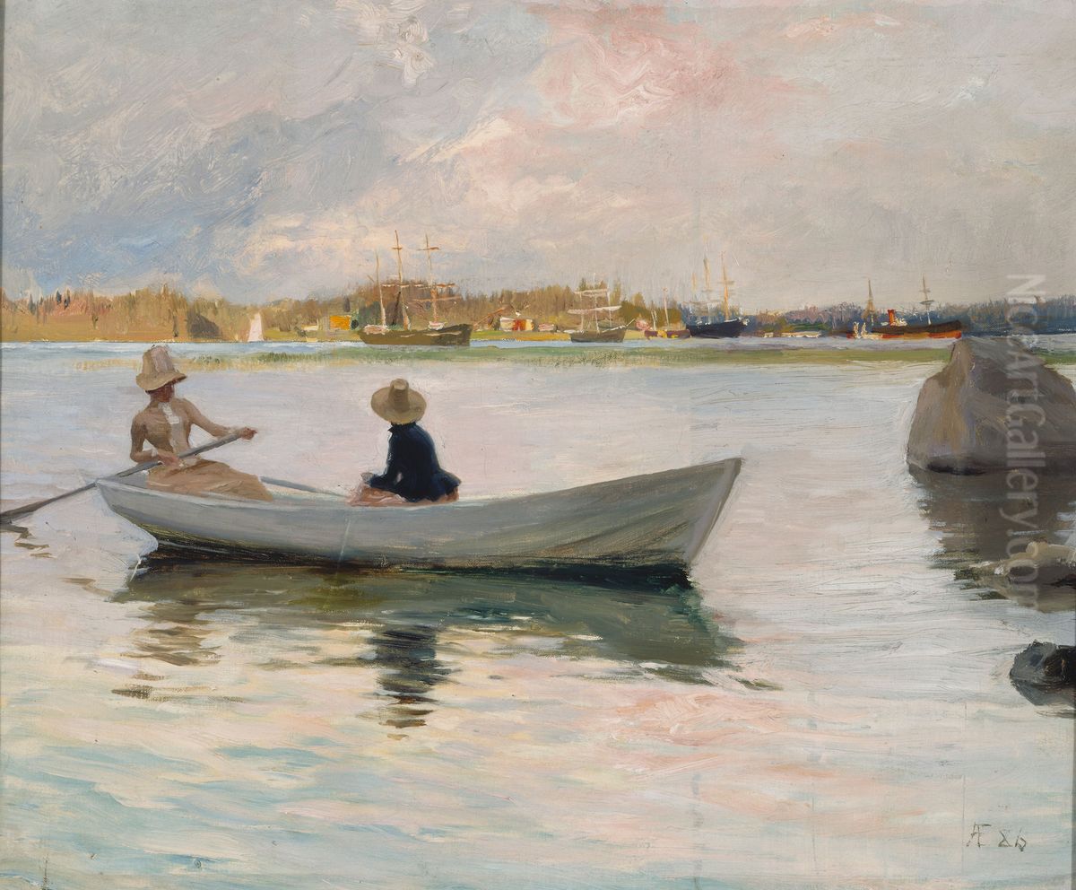 Girls in a Rowing Boat Oil Painting by Albert Edelfelt
