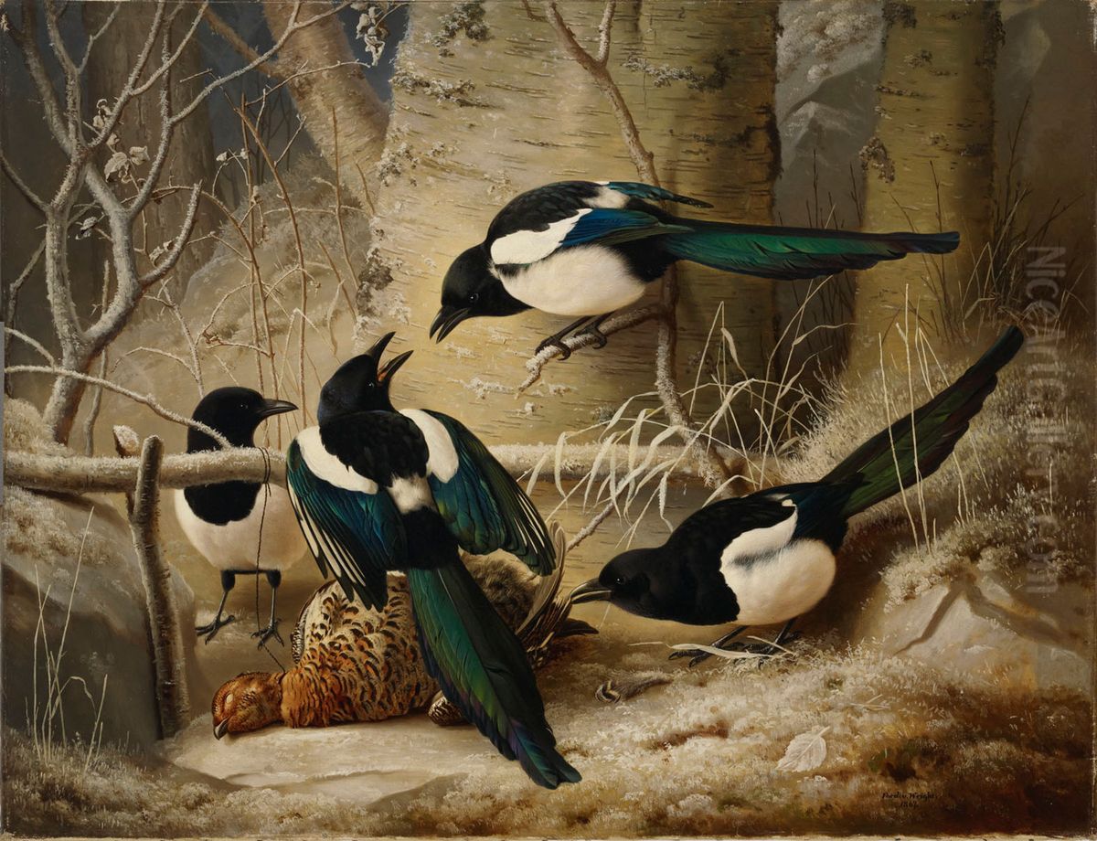 Magpies round a Dead Woodgrouse Oil Painting by Ferdinand von Wright