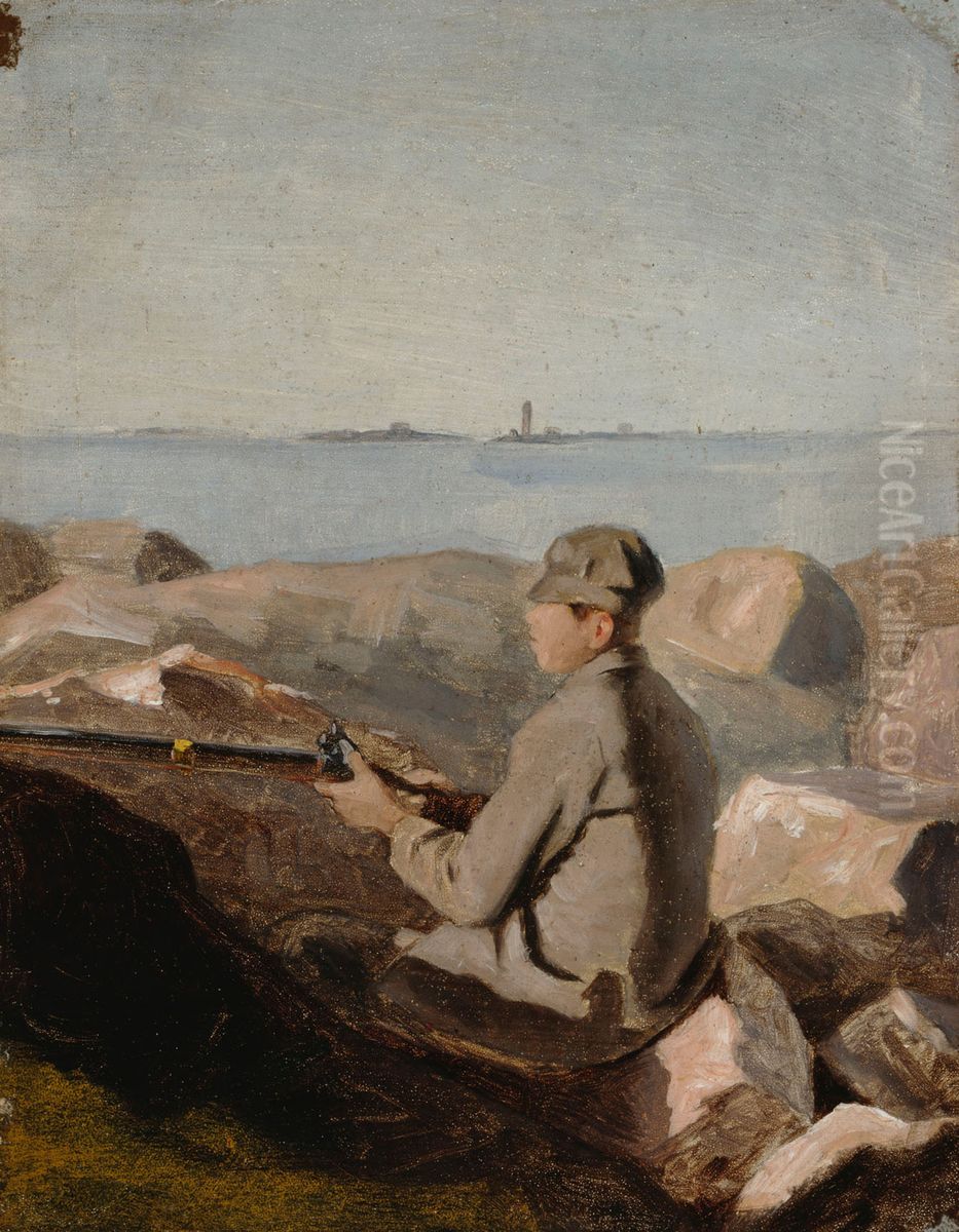 Linnustaja rannalla, harjoitelma Oil Painting by Aukusti Uotila