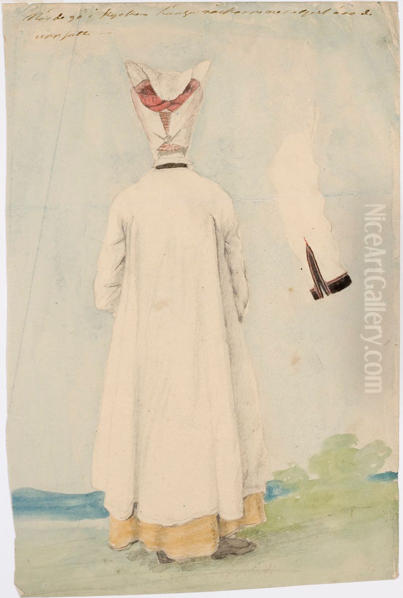 Kansallispukuinen selin seisova nainen Oil Painting by Robert Wilhelm Ekman