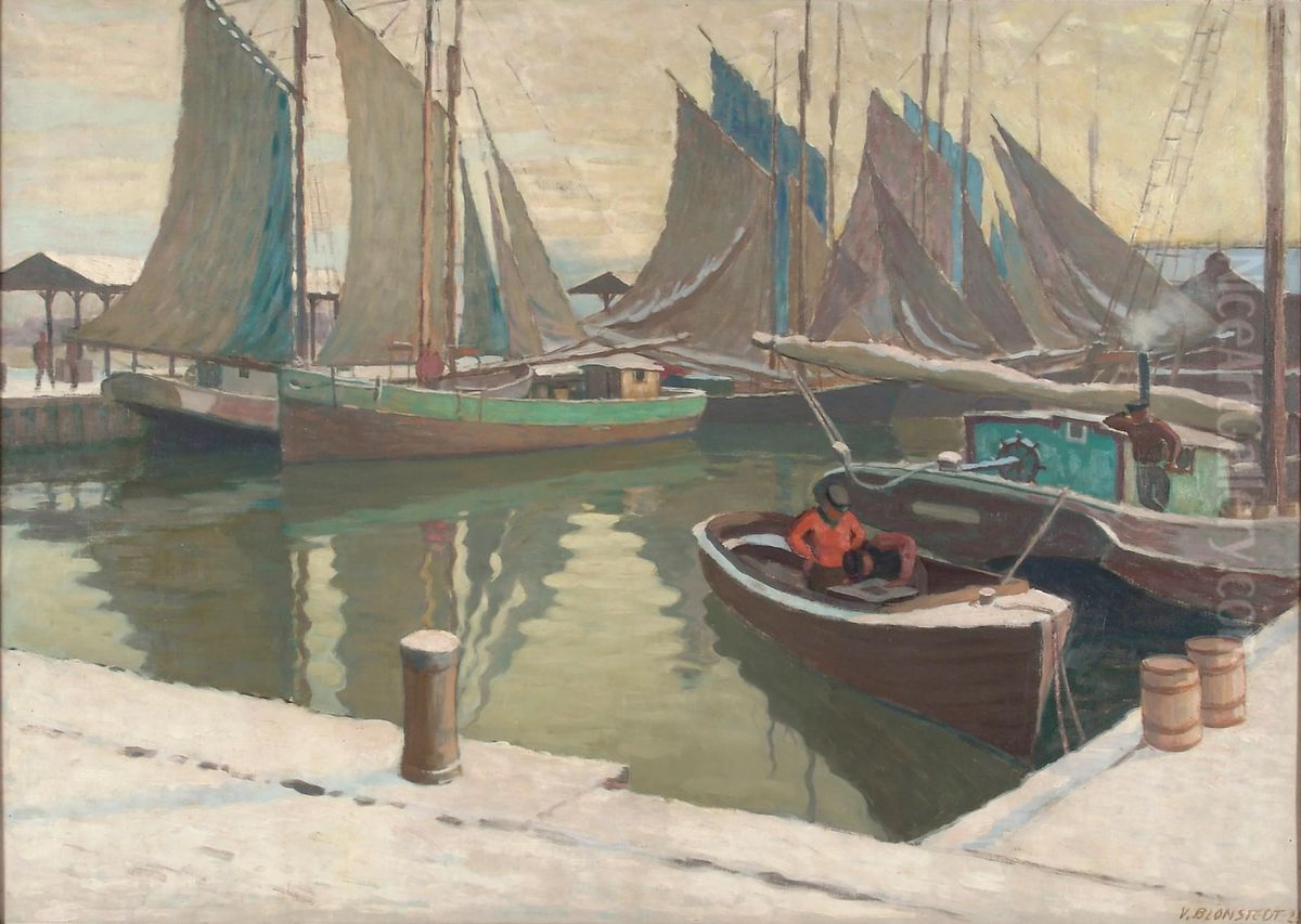 Wintery Harbour View Oil Painting by Vaino Blomstedt
