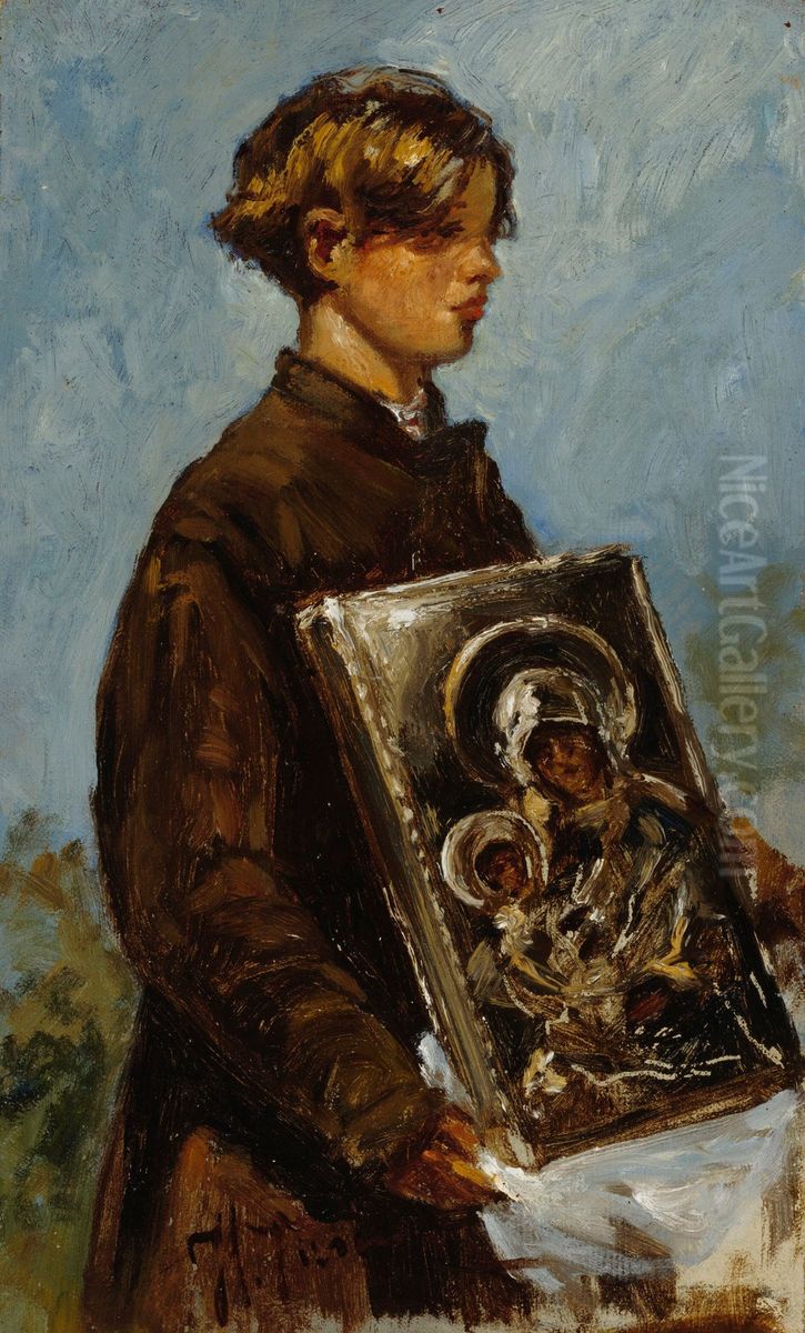 Young Boy Carrying an Icon, sketch Oil Painting by Repin Iliya