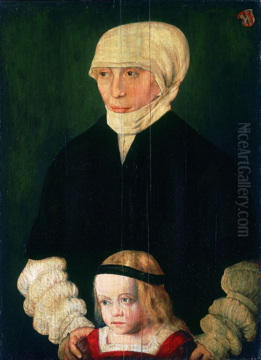 Portrait of Margaret Urmiller, nee Schwab, and Her Daughter Oil Painting by Barthel Beham