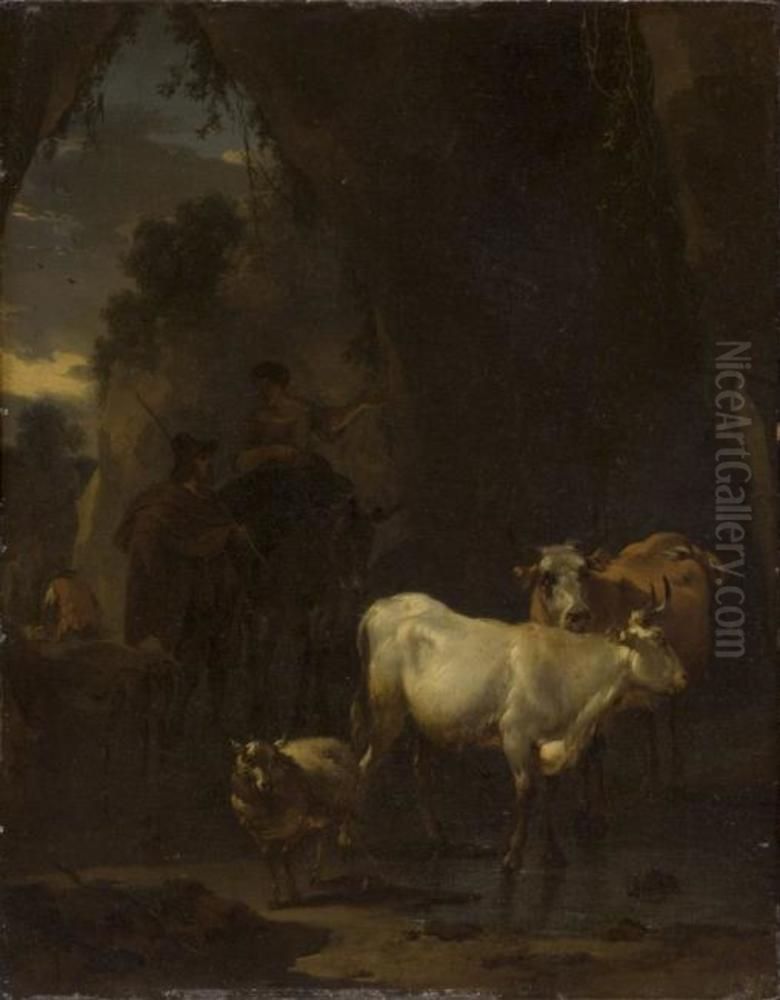 Shepherd and shepherdess with cattle in a rocky landscape Oil Painting by Nicolaes Pieterszoon Berchem