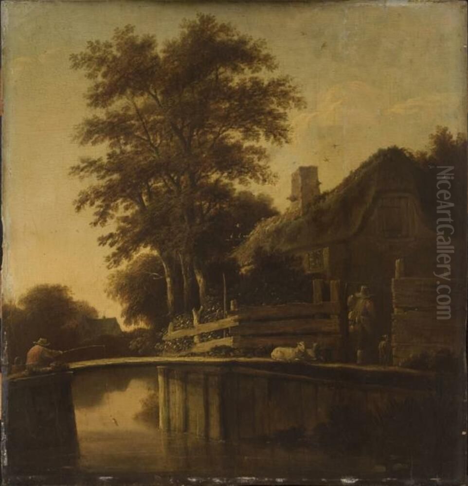 Cottage by a river, with an angler and sheep on a bridge Oil Painting by Pieter de Bloot