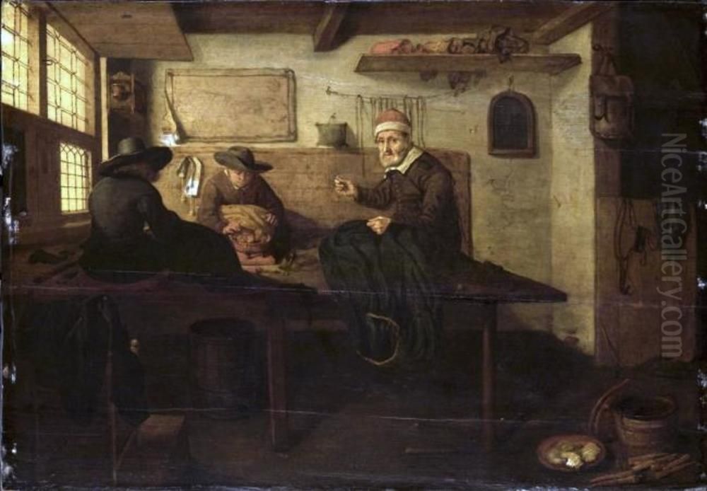 Tailor with two assistents in his workshop Oil Painting by Quirijn van Brekelenkam