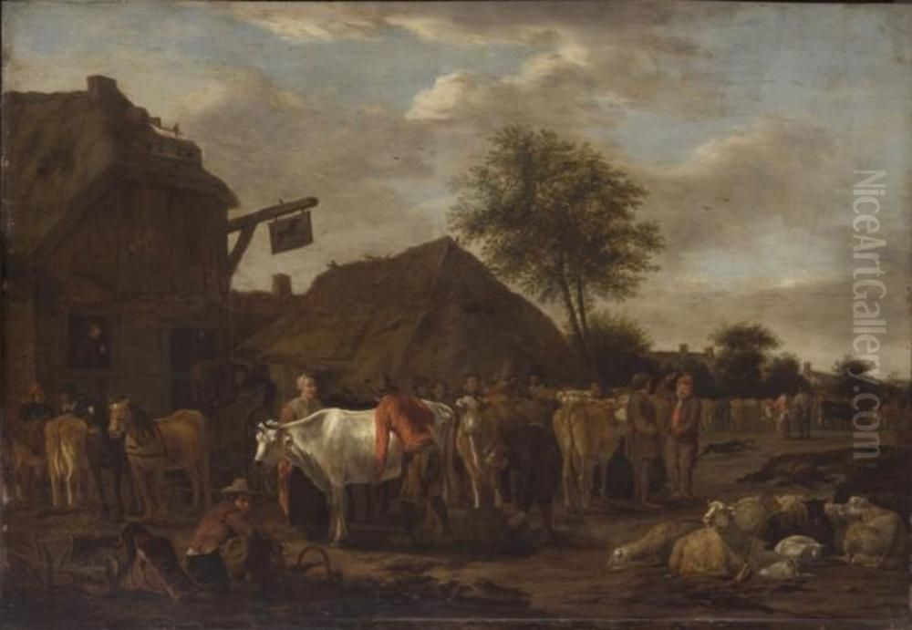 Cattle market outside a tavern Oil Painting by Govert Dircksz. Camphuysen
