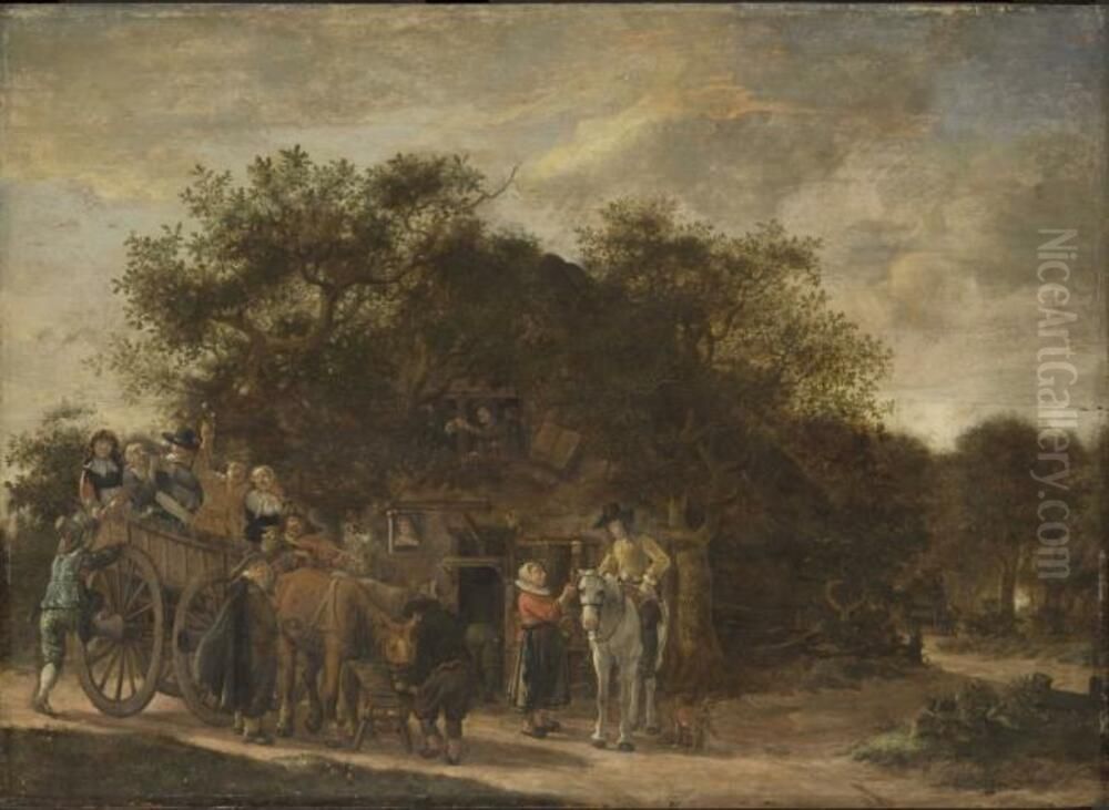 Company in a horse-drawn carriage halting at an inn Oil Painting by Govert Dircksz. Camphuysen