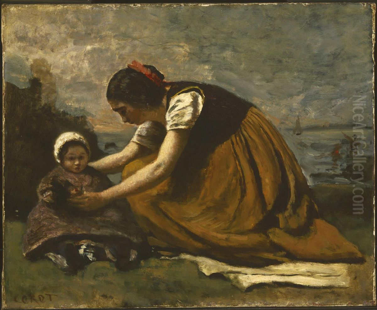 Mother and Child on a Beach Oil Painting by Jean-Baptiste Camille Corot