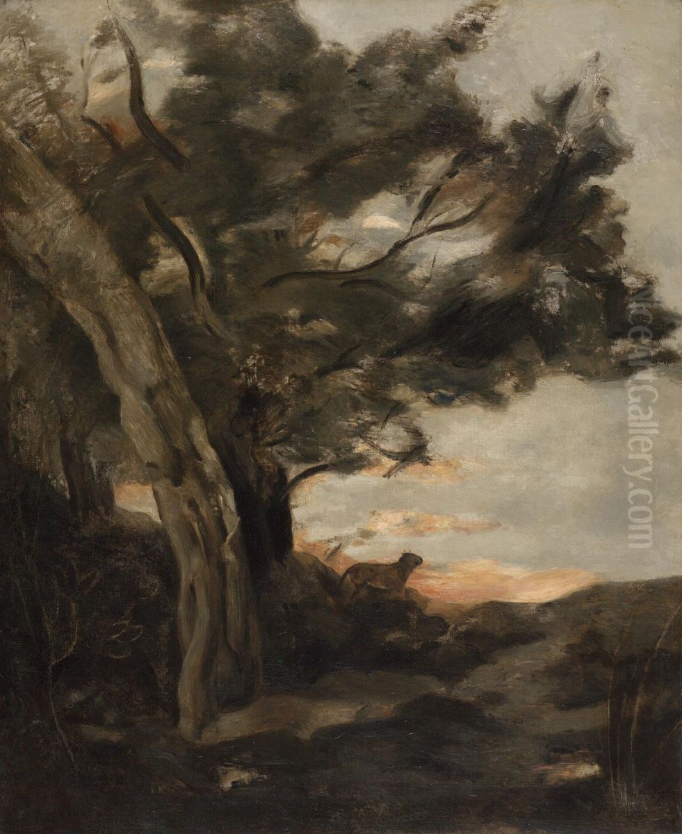 Night Landscape with a Lioness Oil Painting by Jean-Baptiste Camille Corot