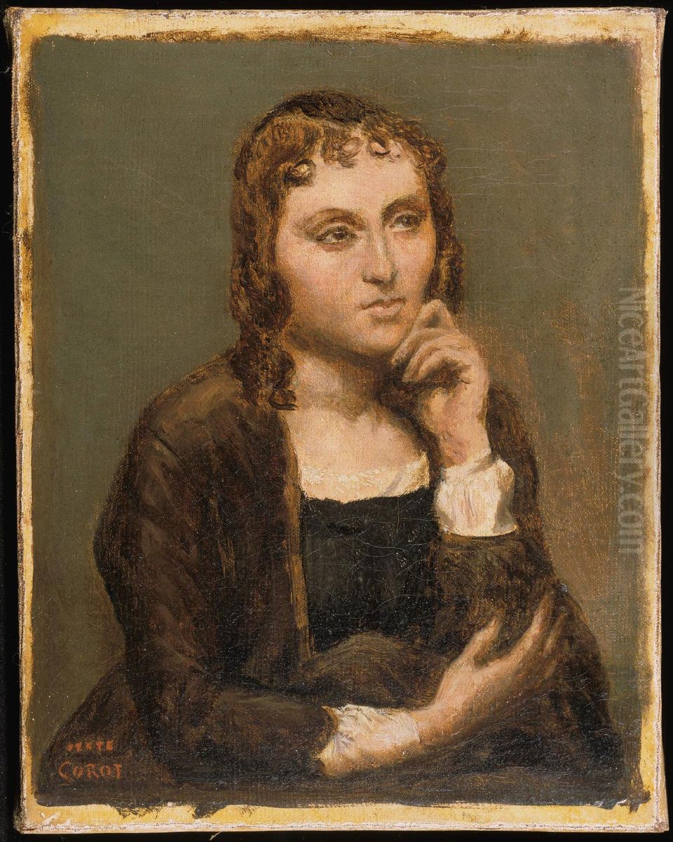 Pensive Young Brunette Oil Painting by Jean-Baptiste Camille Corot