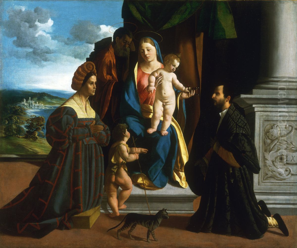 The Holy Family, with the Young Saint John the Baptist, a Cat, and Two Donors Oil Painting by Dosso Dossi