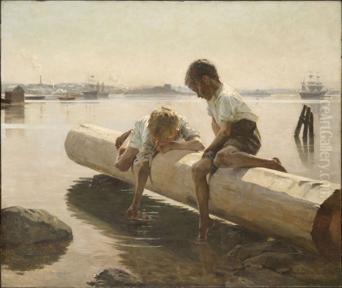 Two Boys on a Log (The Little Boat) Oil Painting by Albert Edelfelt
