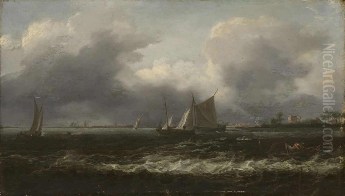 Schepen op een binnenwater met rechts op de voorgrond twee vissers in een roeibootje Oil Painting by Allaert van Everdingen