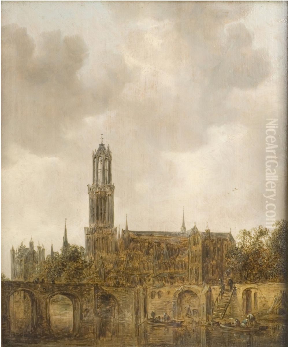 View of the Oudegracht and Dom church in Utrecht Oil Painting by Jan van Goyen