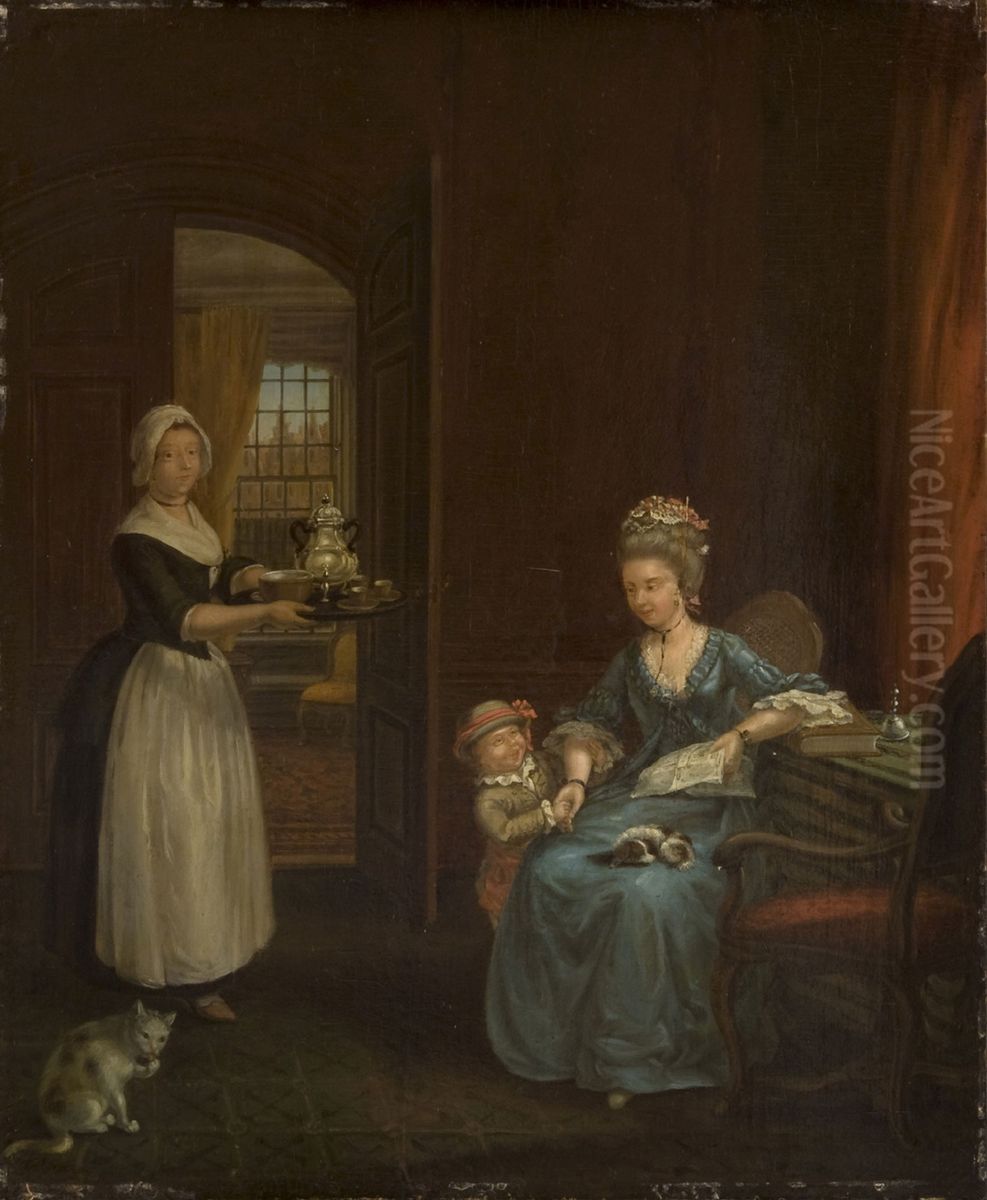 Interieur met moeder en kind, bediend door een kamermeisje Oil Painting by Maria Margaretha La Fargue