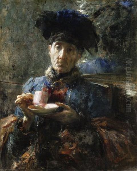 Old Woman Drinking Tea Oil Painting by Antonio Mancini