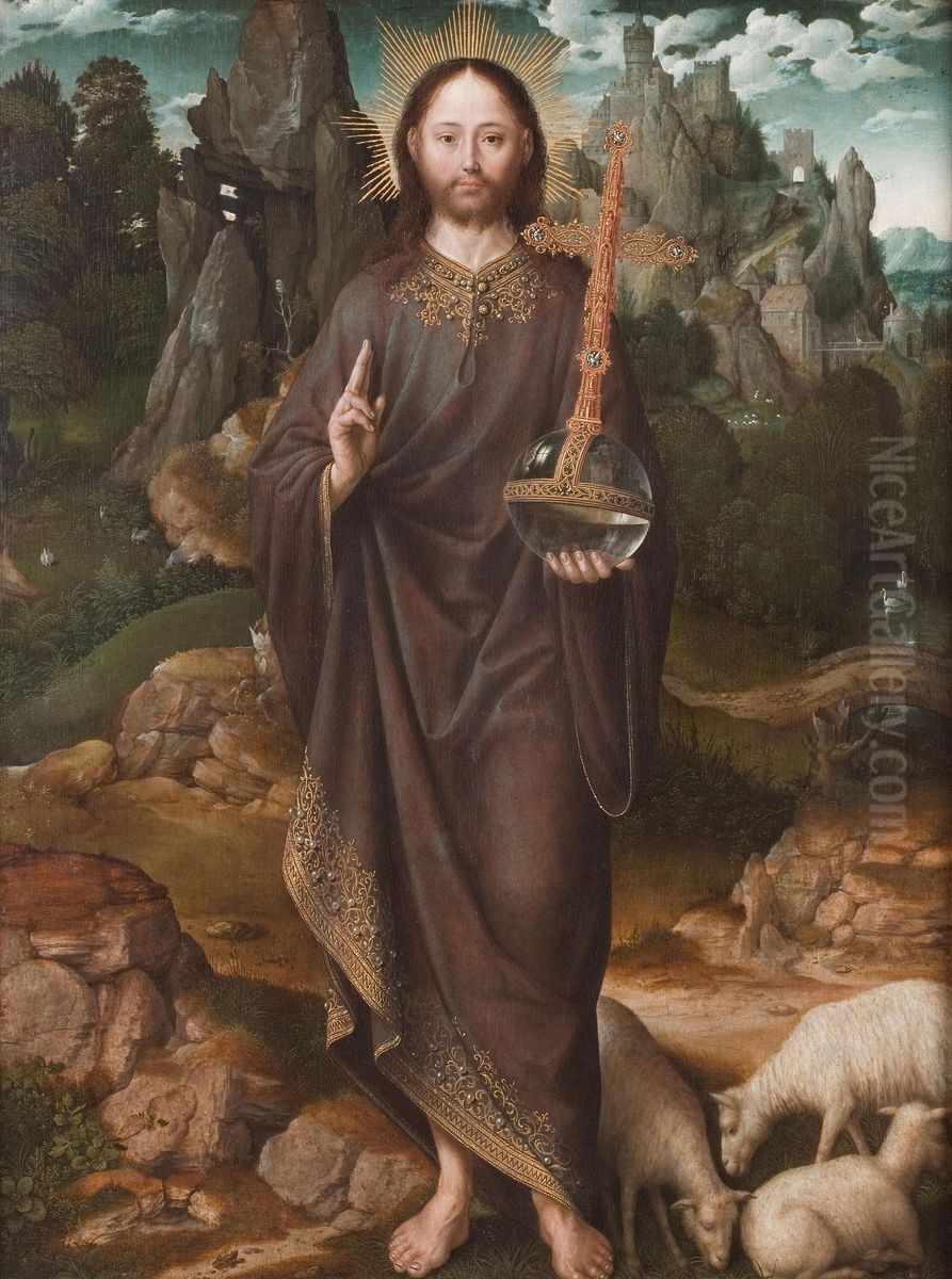 Salvator Mundi in a Landscape Oil Painting by Master of the Mansi Magdalen