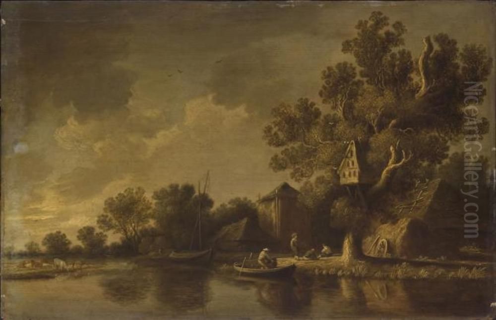 River landscape with a haystack, a dovecote and a cottage by the water Oil Painting by Pieter de Neyn