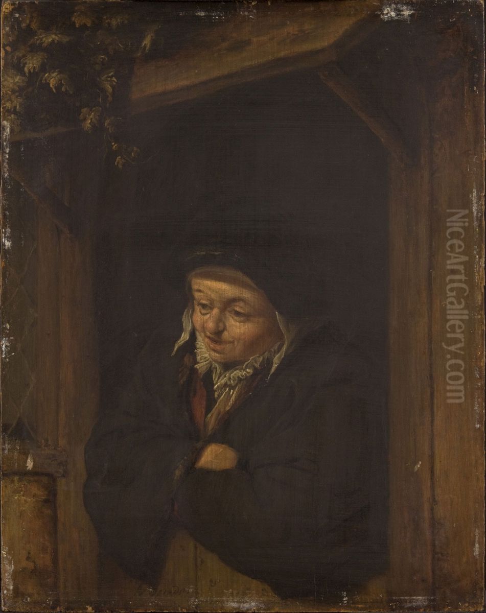 Woman Leaning out a Half-Door Oil Painting by Adriaen van Ostade