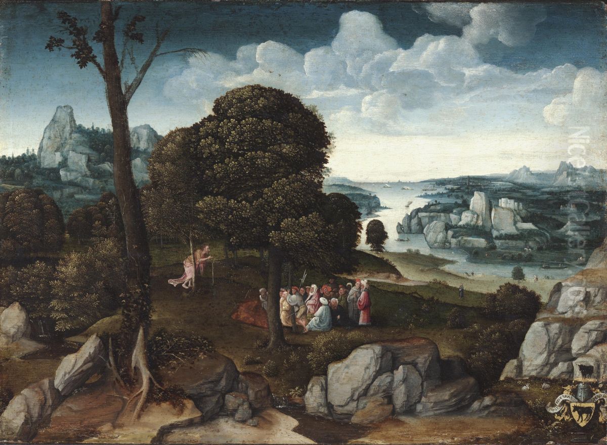 Landschap met de prediking van Johannes de Doper (Lucas 3:1-15) Oil Painting by Joachim Patinirand workshop