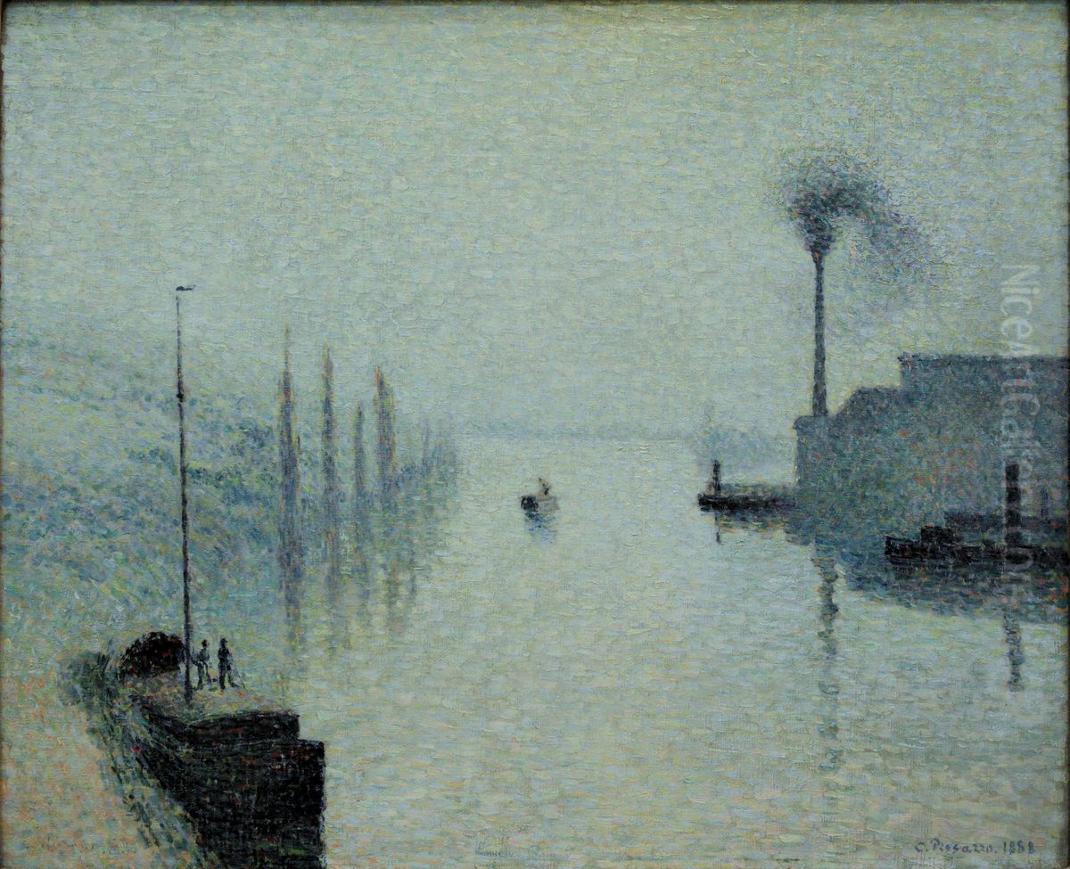 The Seine at Rouen, isle of Lacroix, fog by Camille Pissarro Oil Painting by Camille Pissarro