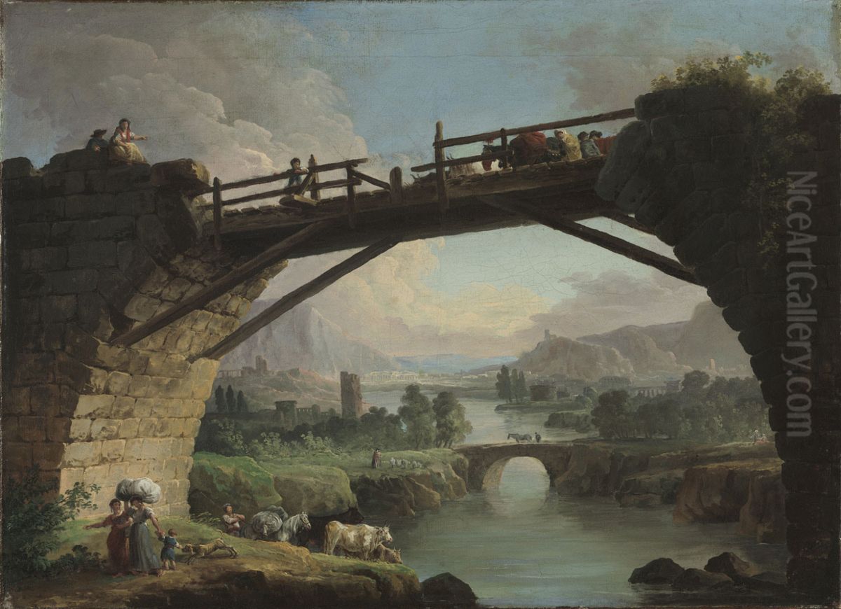 Ruined Bridge with Figures Crossing Oil Painting by Hubert Robert