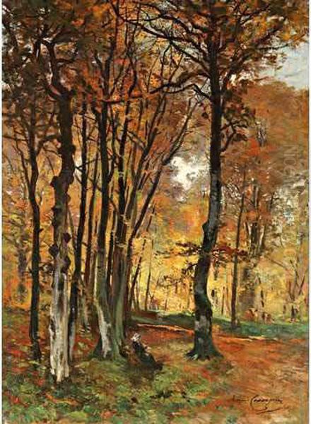 Theophile < Femmetricotant En Foret Oil Painting by Armand Theophile Cassagne