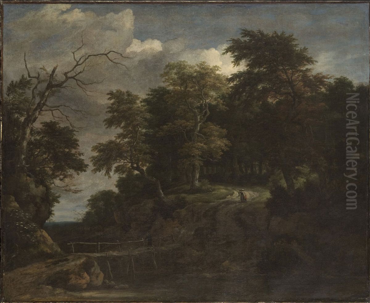 Landscape of a Forest with a Wooden Bridge Oil Painting by Jacob Van Ruisdael