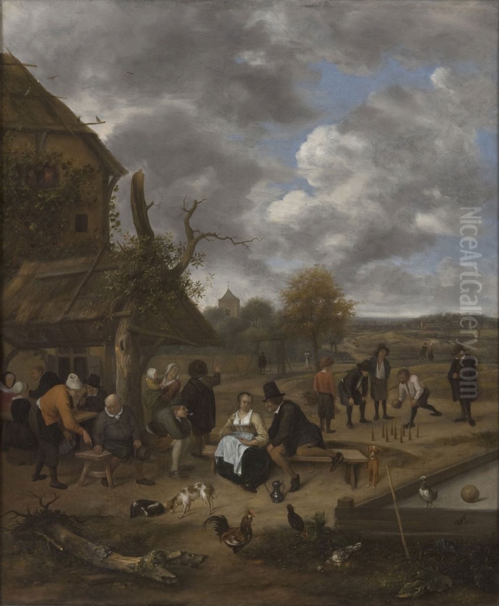 Landscape with an inn and men playing skittles Oil Painting by Jan Steen