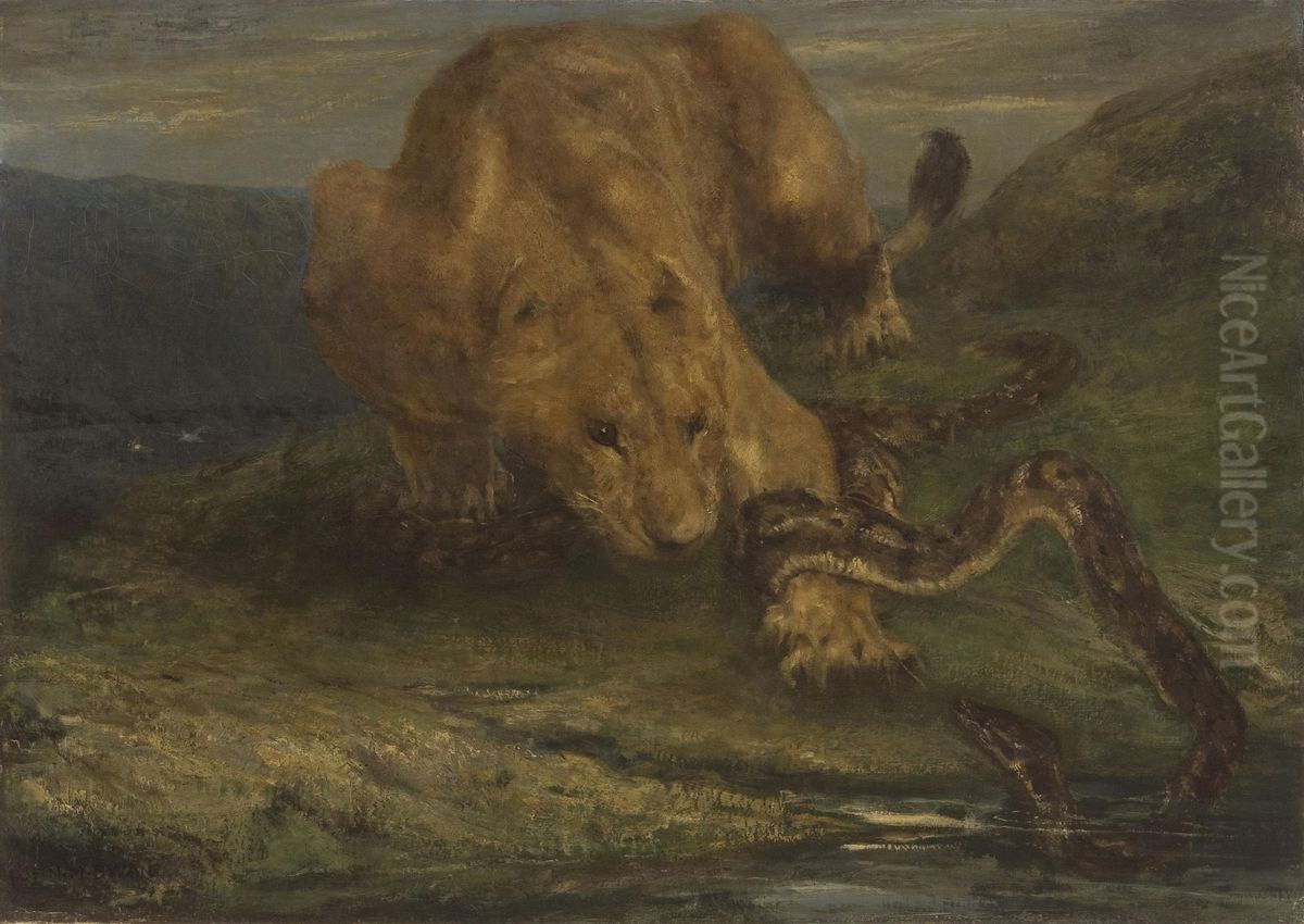 A Lioness and a Snake Oil Painting by John Macallan Swan