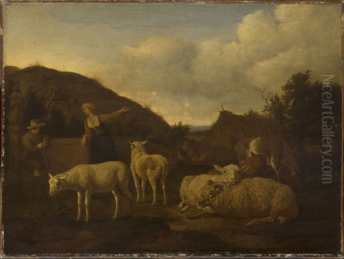 A Shepherd and a Shepherdess with a Flock of Sheep Oil Painting by Adriaen Van De Velde