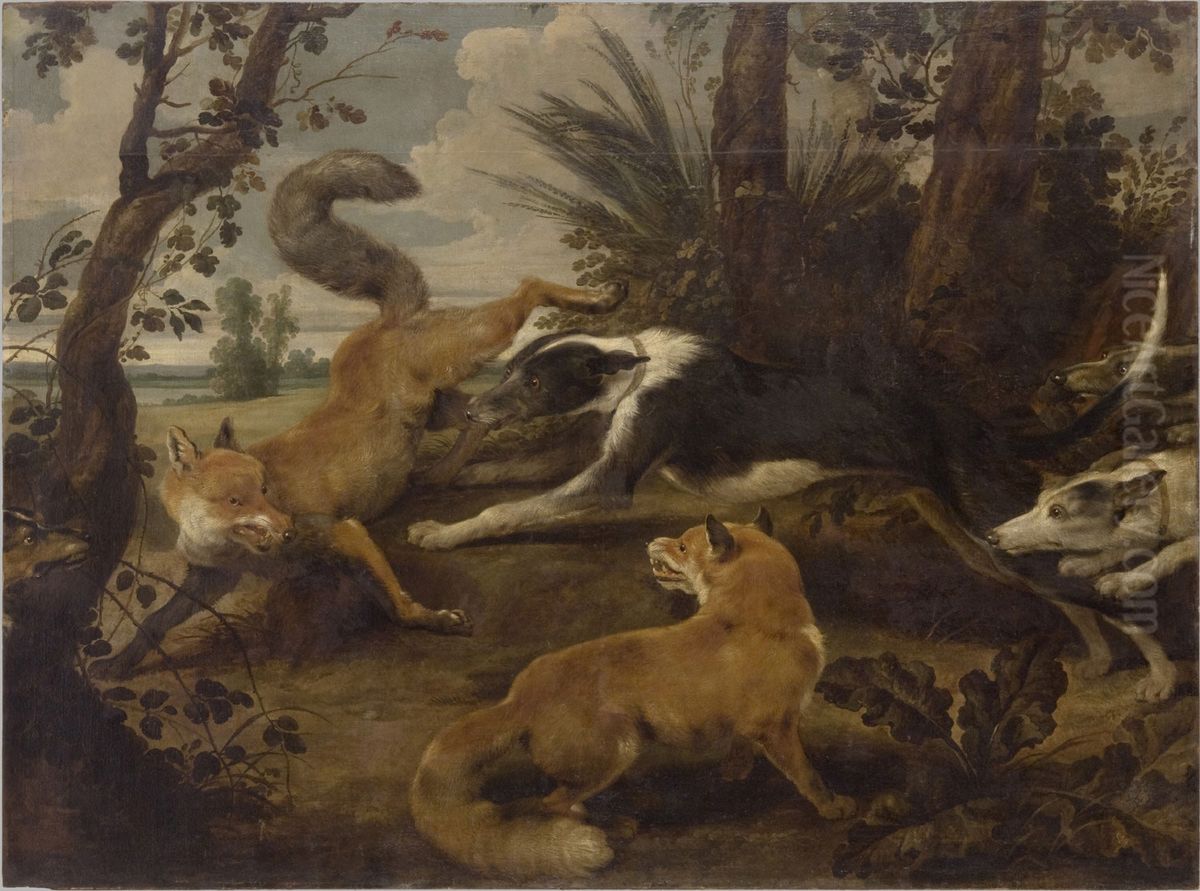 Wolfhounds and Two Foxes Oil Painting by Paul de Vos