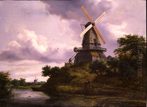 Landscape with a windmill by a river Oil Painting by Jacob Van Ruisdael