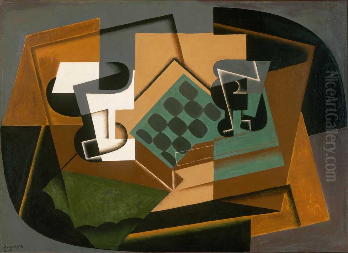 Chessboard, Glass, and Dish Oil Painting by Juan Gris