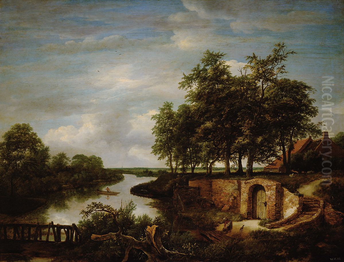 Landscape with river and cellar entrance Oil Painting by Jacob Van Ruisdael