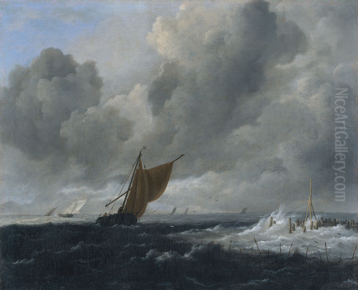 Stormy Sea with Sailing Vessels Oil Painting by Jacob Van Ruisdael