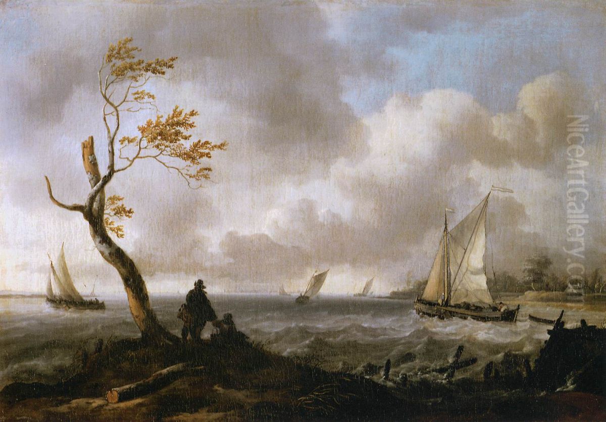 Fishing Boats and Coasting Vessel in Rough Weather Oil Painting by Ludolf Bakhuizen