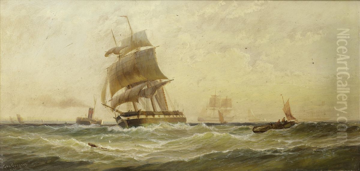 Running down the Channel in a fair wind as she clears the stern of the ferry Oil Painting by unknown