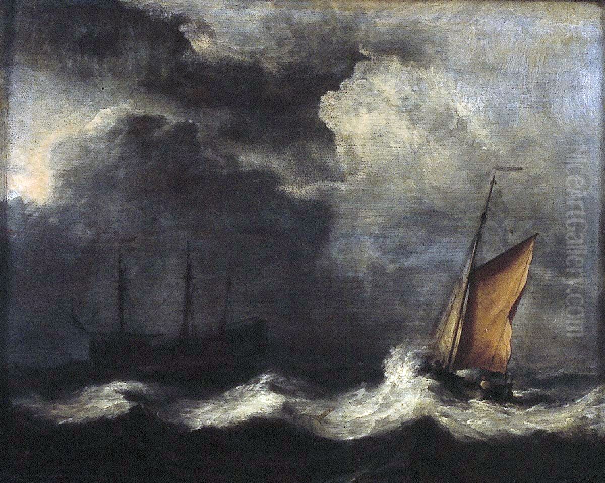Schepen in een sterke wind onder een donkere lucht.[1] Oil Painting by Willem van de Velde the Younger