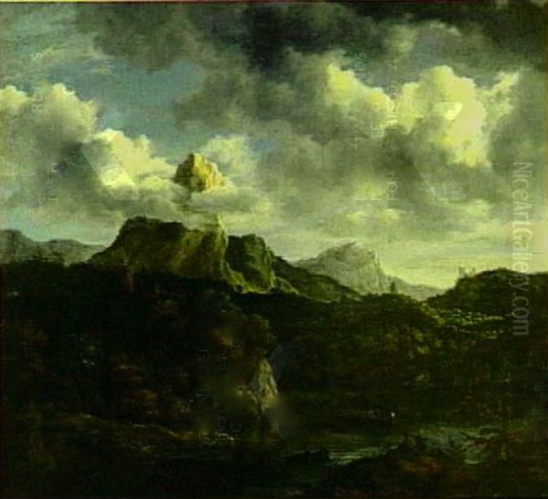 Berglandschap met rivier op de voorgrond Oil Painting by Jacob Van Ruisdael
