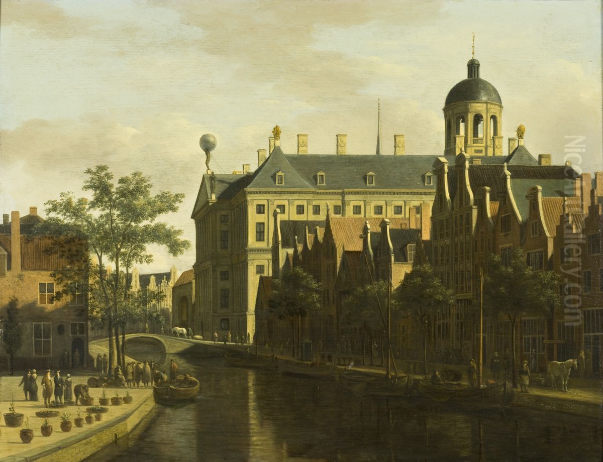 The Nieuwezijds Voorburgwal with the Flower and Tree Market in Amsterdam Oil Painting by Gerrit Adriaenszoon Berckheyde