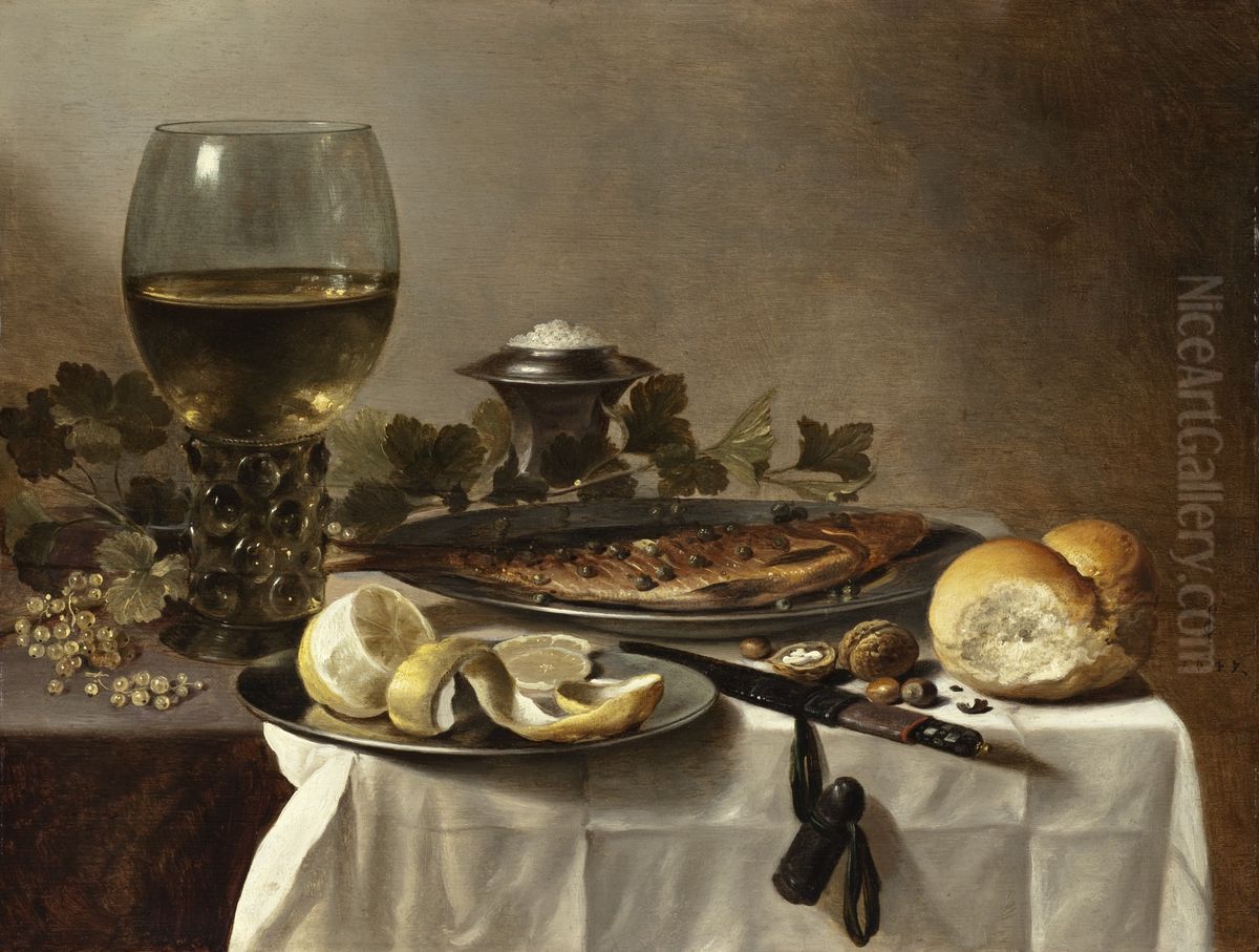 Still Life with Herring, Wine and Bread Oil Painting by Pieter Claesz