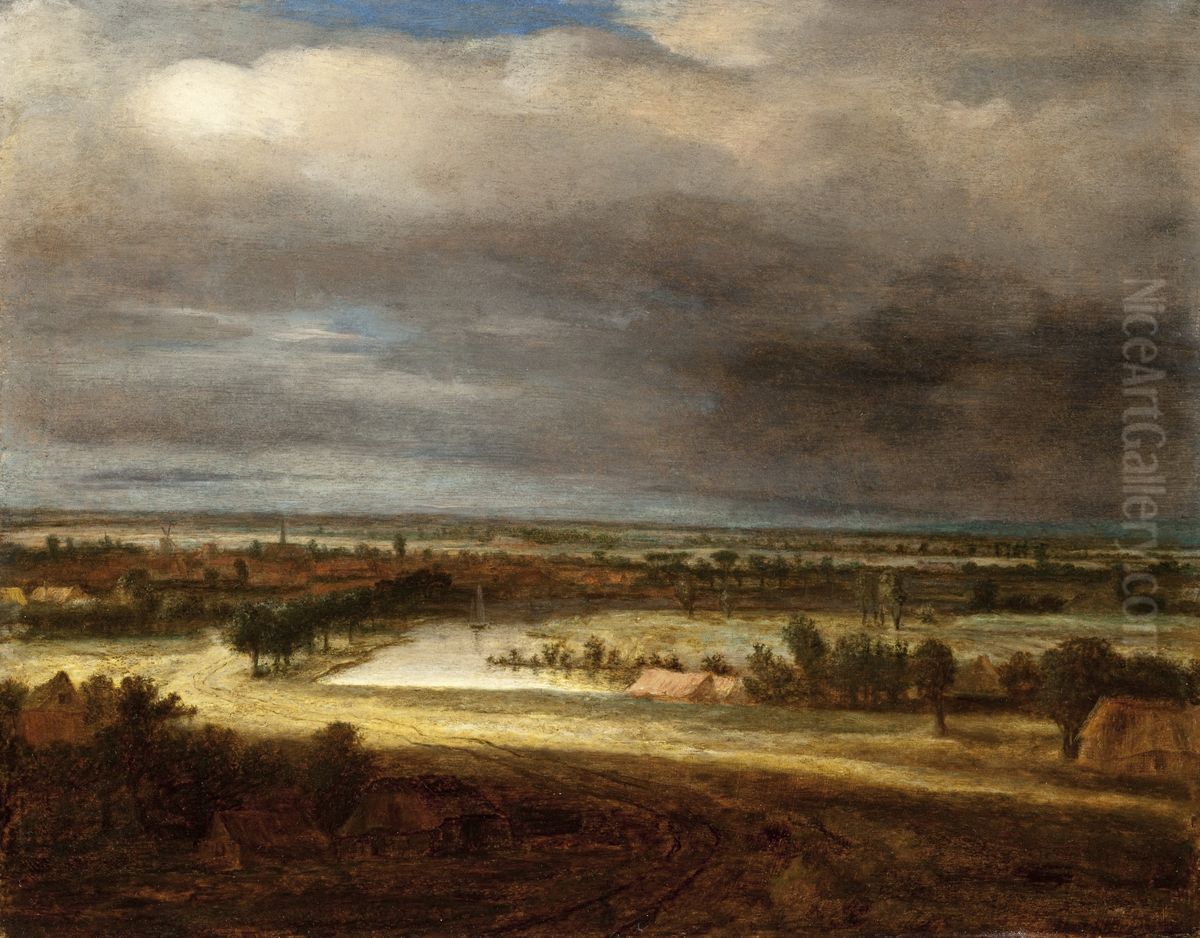 Panoramic Landscape with a Village Oil Painting by Philips Koninck