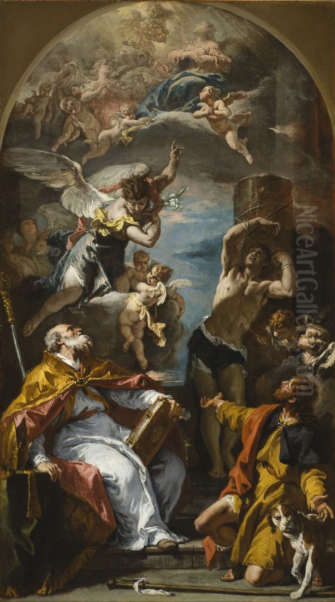 A Glory of the Virgin with the Archangel Gabriel and Saints Eusebius, Roch, and Sebastian Oil Painting by Sebastiano Ricci
