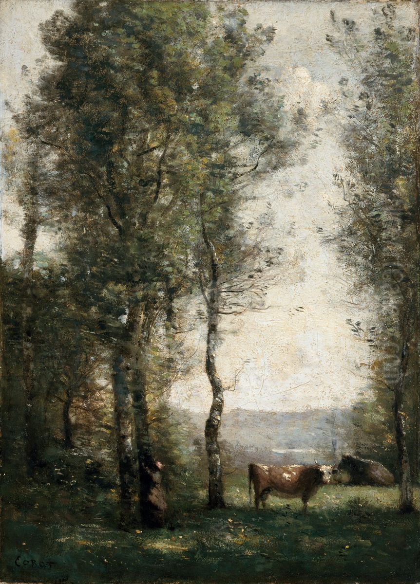 Wooded landscape with cows in a clearing Oil Painting by Jean-Baptiste Camille Corot