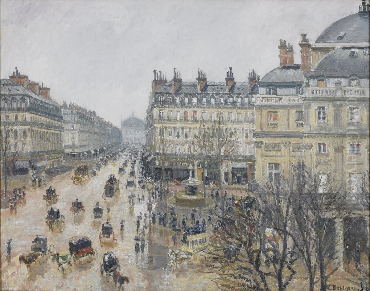 Place du Theatre Francais, Paris: Pluie Oil Painting by Camille Pissarro