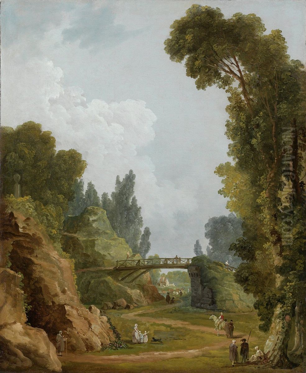 The Rustic Bridge, Chateau de Mereville, France Oil Painting by Hubert Robert