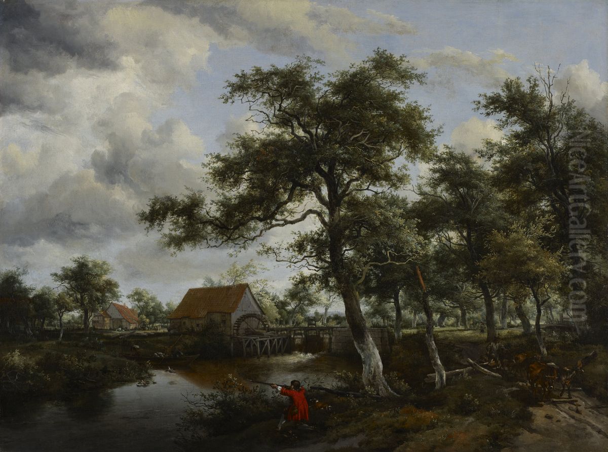 Wooded Landscape with Watermill Oil Painting by Meindert Hobbema