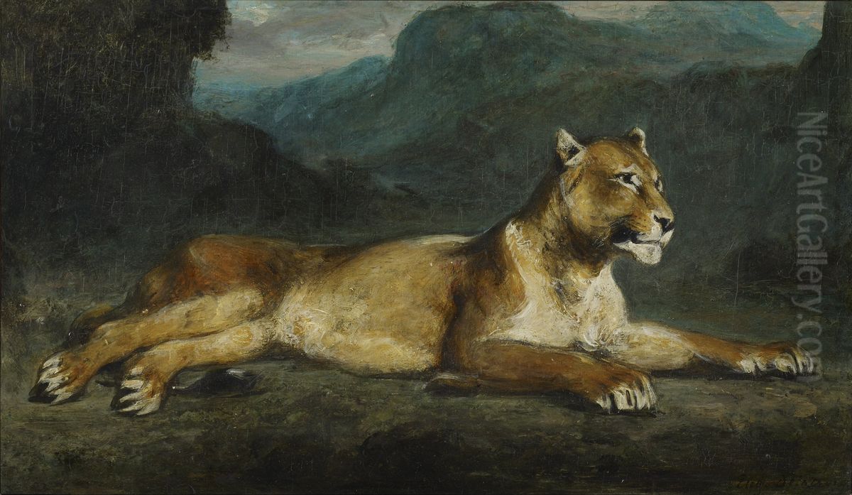 Lioness Reclining Oil Painting by Eugene Delacroix